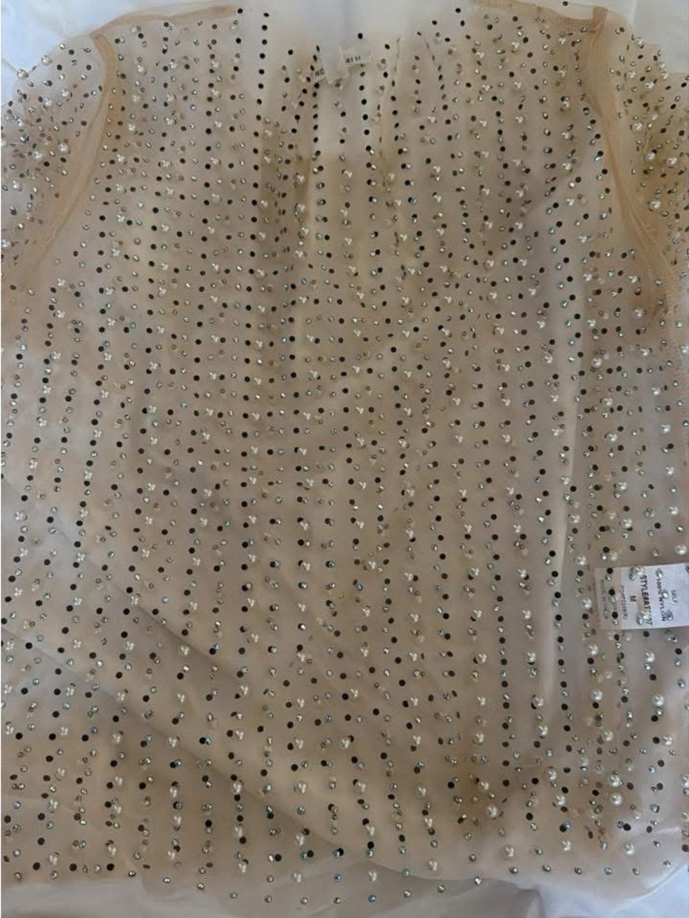 SHEIN Beige Short Sleeve Tee with Rhinestone Embellishment